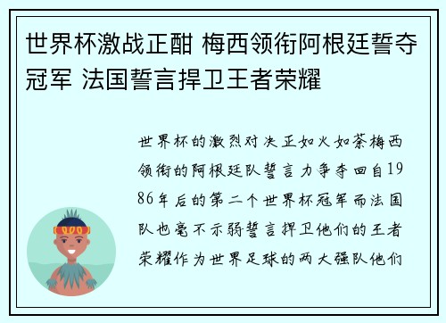 世界杯激战正酣 梅西领衔阿根廷誓夺冠军 法国誓言捍卫王者荣耀