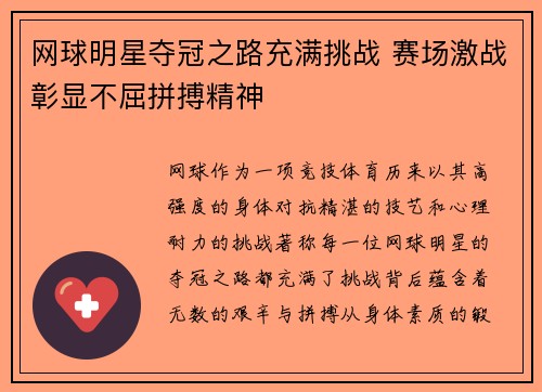 网球明星夺冠之路充满挑战 赛场激战彰显不屈拼搏精神