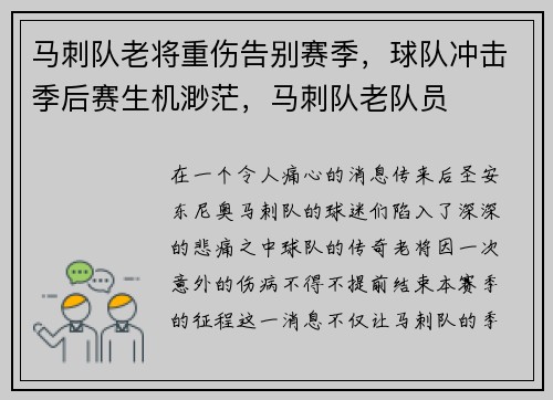 马刺队老将重伤告别赛季，球队冲击季后赛生机渺茫，马刺队老队员